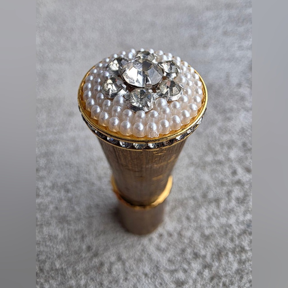 Vintage Revlon Lipstick Case #586Gold Tone with Rhinestones & Faux Pearls –1950s